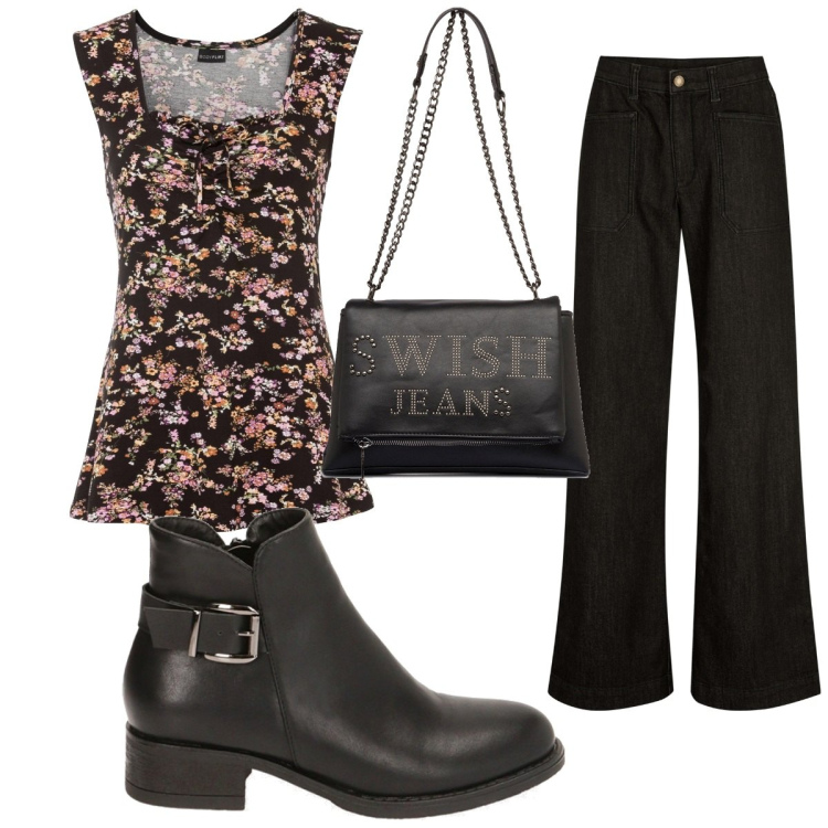 Outfit donna - Total look #1787762. Stile Trendy per Tutti i giorni. Abbinamento con top, jeans, stivaletti, borse a tracolla.