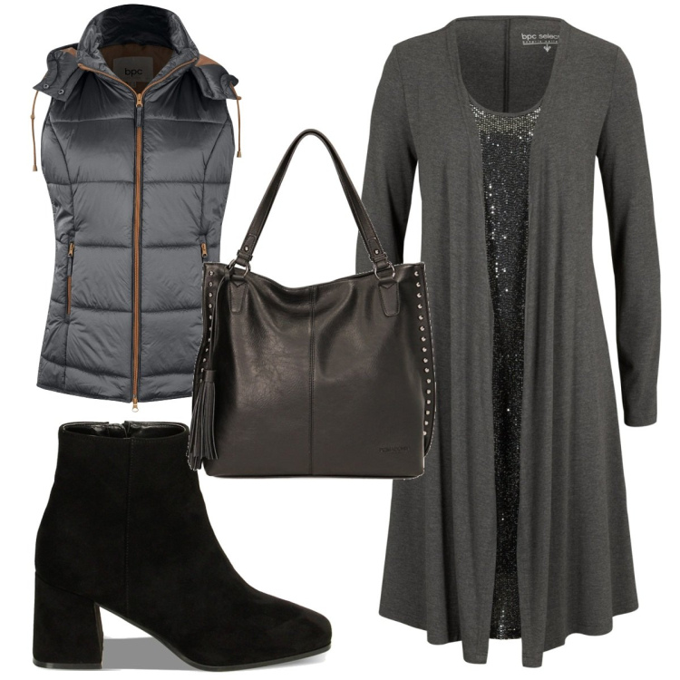 Outfit donna - Total look #1787764. Stile Glamour per Tutti i giorni. Abbinamento con gilet, vestiti, borse a spalla, stivaletti.