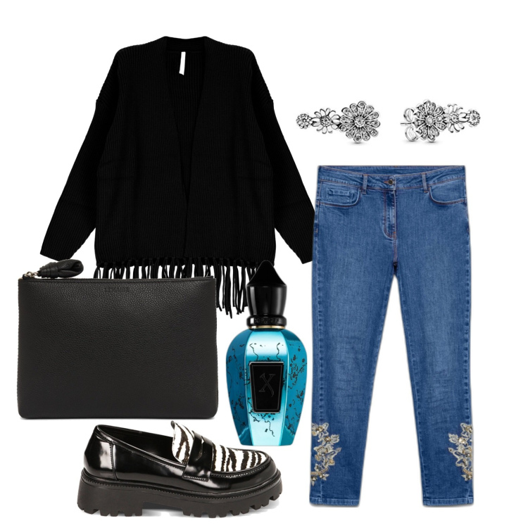 Outfit donna - Ghost outfitter - dicembre. Stile Casual per Tutti i giorni. Abbinamento con profumi, cardigans, mocassini, orecchini, jeans skinny, pochette.