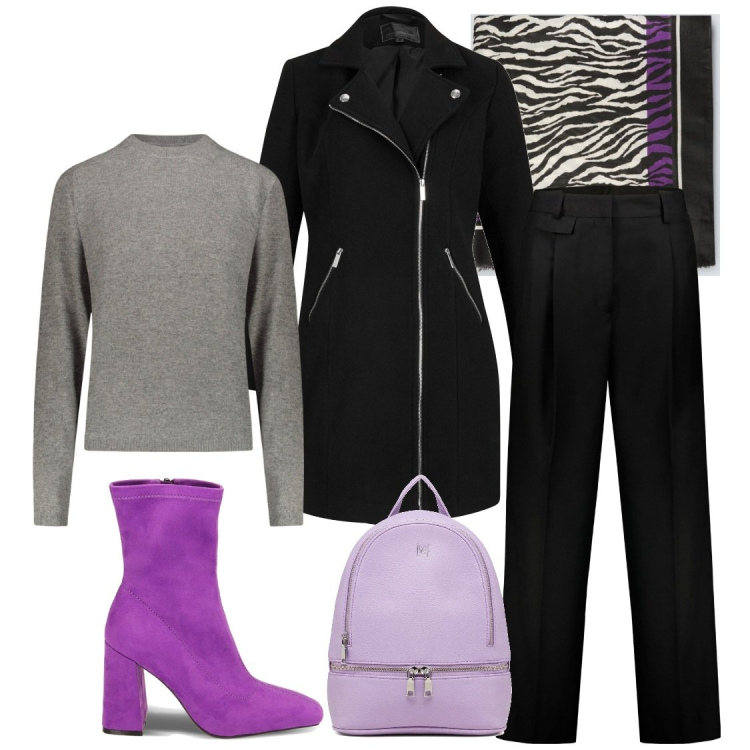 Outfit donna - Ufficio. Stile Casual chic per Ufficio. Abbinamento con cappotti, stivaletti, zaini, pantaloni, maglieria, sciarpe.