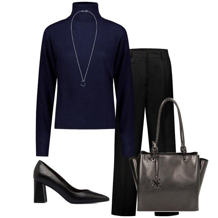 Outfit donna - Chic in ufficio. Stile Bon Ton per Ufficio. Abbinamento con borse a spalla, décolleté, pantaloni, maglieria, ciondoli.