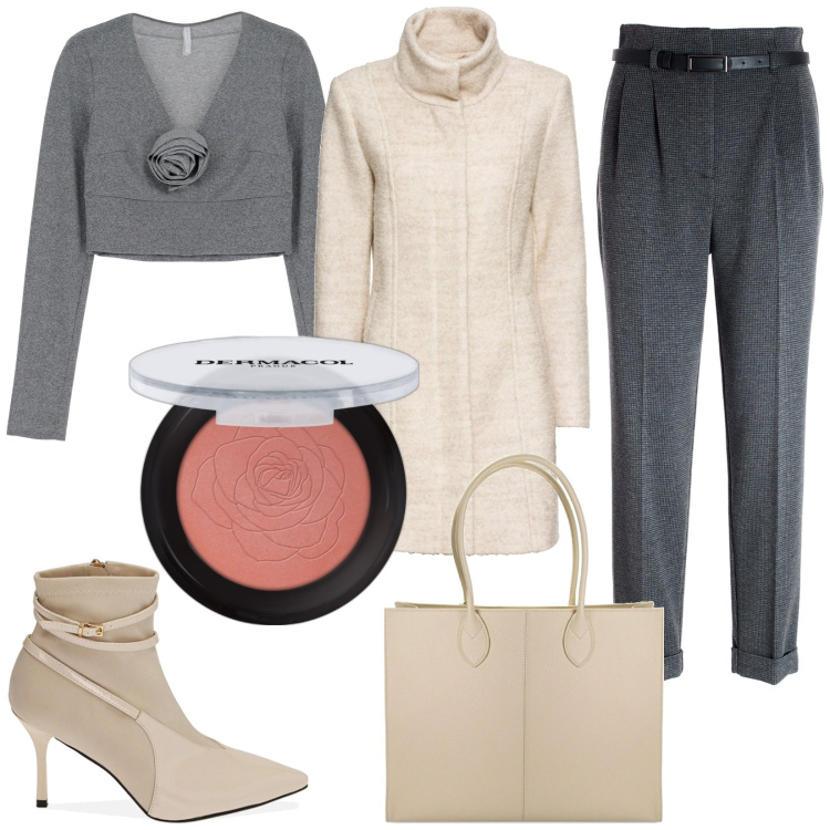 Outfit donna - Grigio perla. Stile Trendy per Serata fuori. Abbinamento con cappotti, blush, pantaloni, maglieria, stivaletti, borse a spalla.
