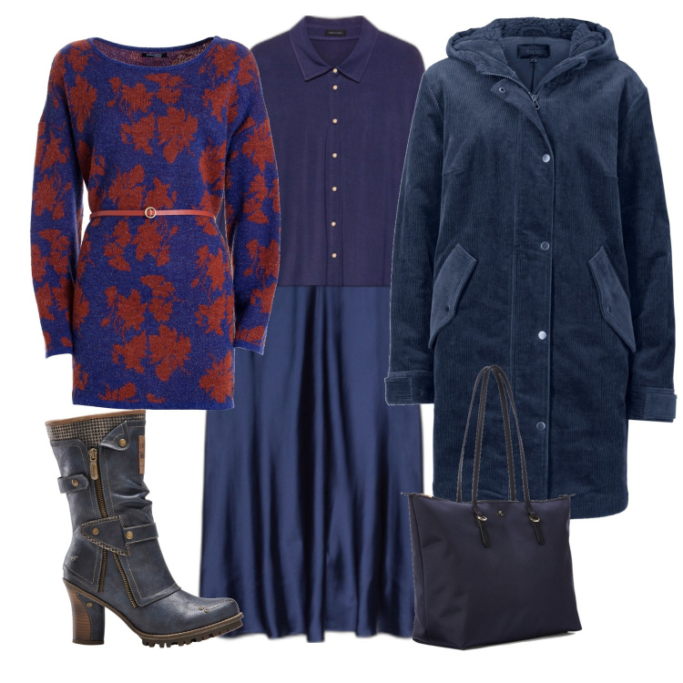 Outfit donna - Oggi in ufficio. Stile Casual chic per Ufficio. Abbinamento con parka, stivali, maglieria, borse tote, gonne longuette, camicie.