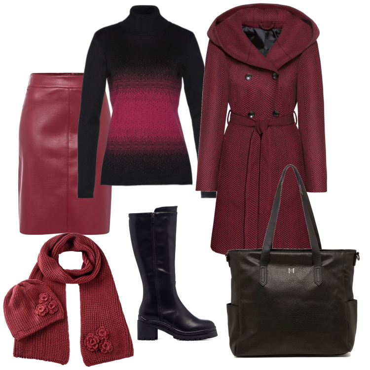 Outfit donna - In nero e bordeaux. Stile Chic per Tutti i giorni. Abbinamento con cappotti, gonne longuette, maglieria, sciarpe, stivali sopra il ginocchio, borse a spalla.
