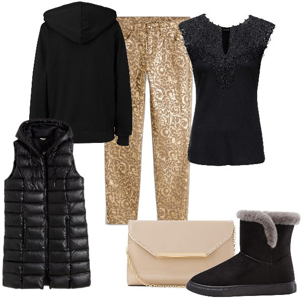 Outfit donna - Total look #1787815. Stile Casual chic per Serata fuori. Abbinamento con top, pochette, pantaloni, gilet, felpe con cappuccio, stivaletti.