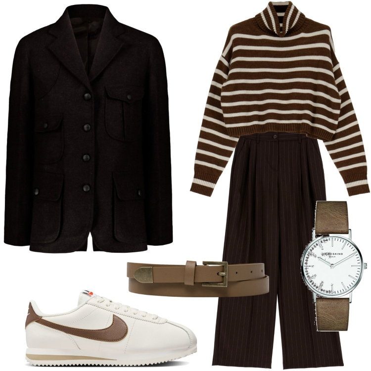 Outfit donna - Giacca misto lana. Stile Casual chic per Tutti i giorni. Abbinamento con maglieria, pantaloni a palazzo, cinture, sneakers, orologi, cappotti.