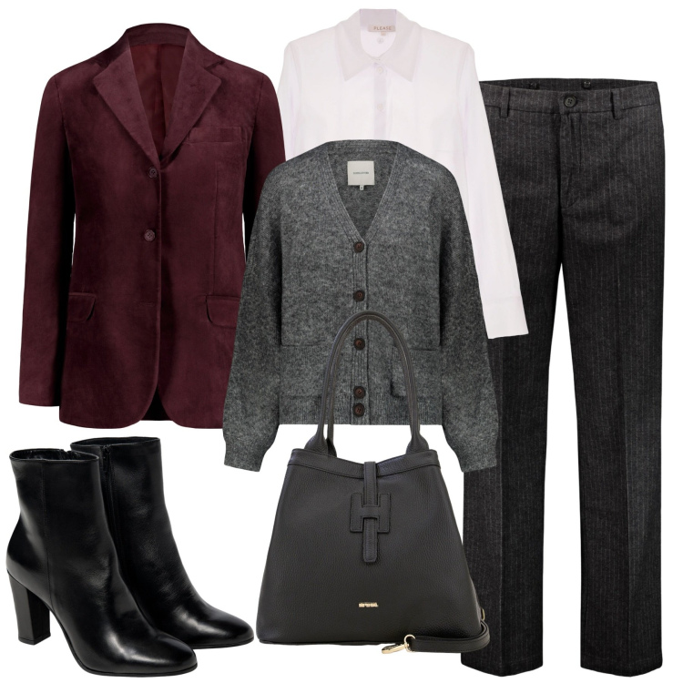 Outfit donna - In ufficio. Stile Mannish per Ufficio. Abbinamento con camicie, borse a secchiello, pantaloni, cardigans, stivaletti, blazer.
