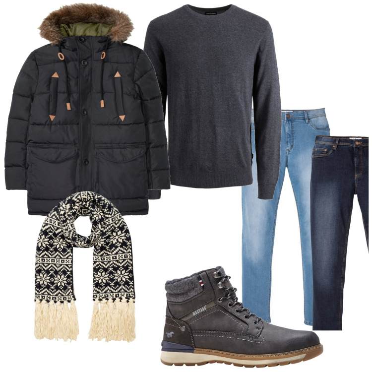 Outfit uomo - Total look #1787857. Stile Casual per Tutti i giorni. Abbinamento con giacche, jeans dritti, stivali e stivaletti, maglieria, sciarpe.