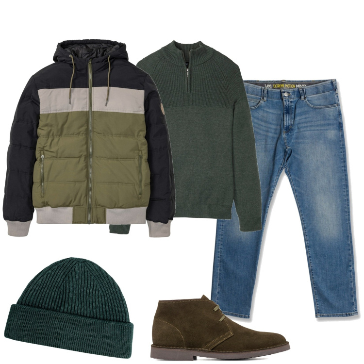 Outfit uomo - Total look #1787861. Stile Casual per Tutti i giorni. Abbinamento con maglieria, giacche, jeans slim fit, stivali e stivaletti, berretti.