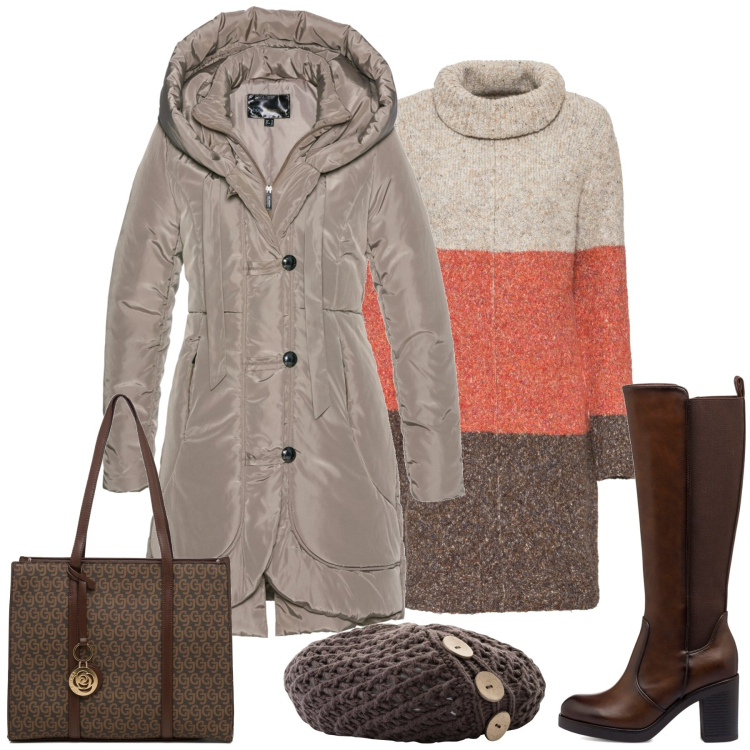 Outfit donna - In città. Stile Basic per Tutti i giorni. Abbinamento con blazer, berretti, vestiti, stivali sopra il ginocchio, borse a spalla.