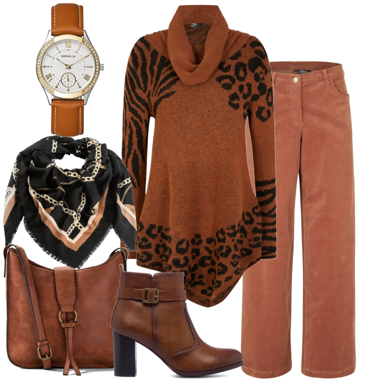 Outfit donna - In città. Stile Basic per Tutti i giorni. Abbinamento con borse a tracolla, maglieria, pantaloni, foulard, stivaletti, orologi.