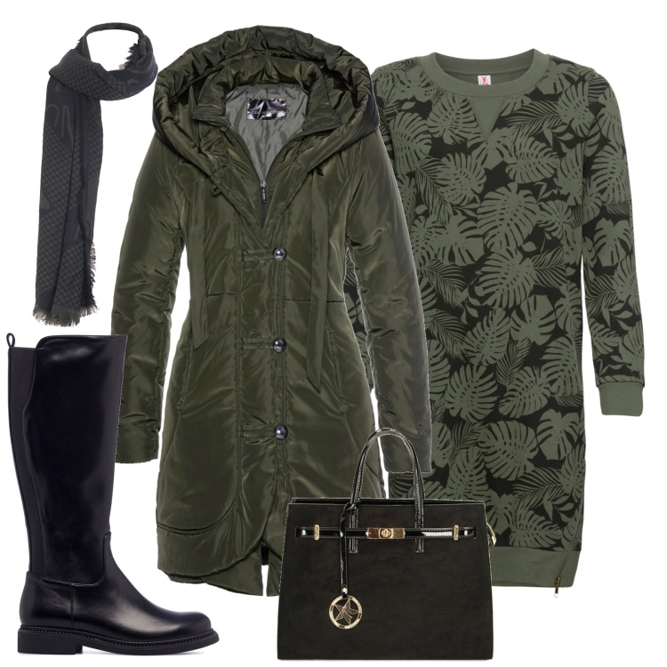 Outfit donna - City. Stile Basic per Tutti i giorni. Abbinamento con vestiti, blazer, foulard, borse a mano, stivali.