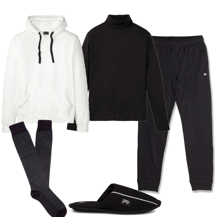 Outfit uomo - A casa in comodità. Stile Casual per Tutti i giorni. Abbinamento con maglieria, felpe con cappuccio, pantaloni, pantofole, calzini.