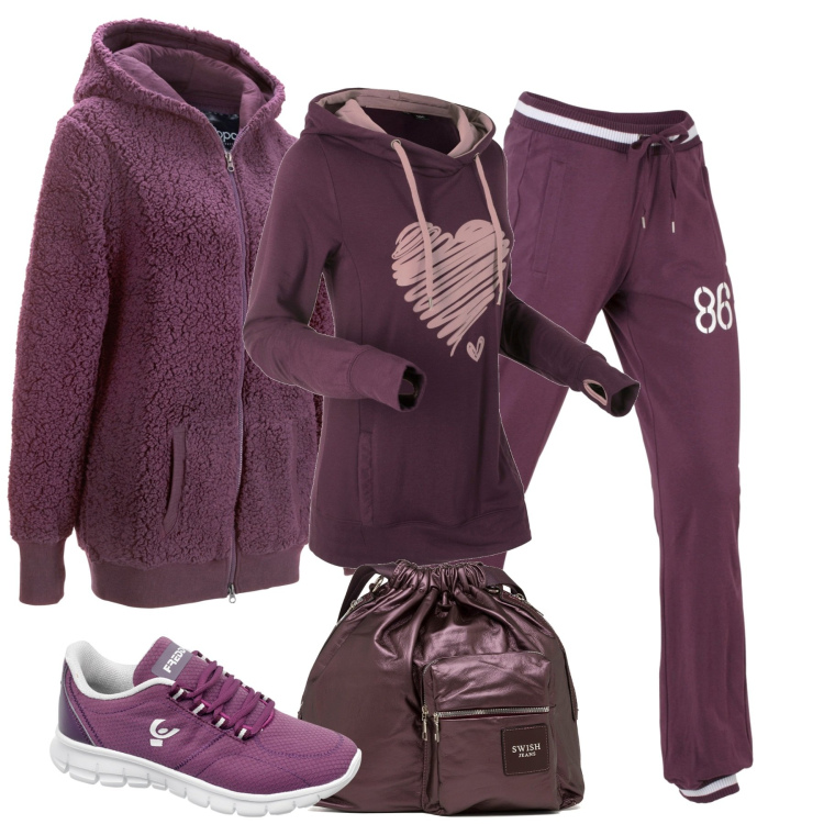 Outfit donna - Al parco. Stile Casual per Tutti i giorni. Abbinamento con pantaloni sportivi, felpe, blazer, sneakers, borse a spalla.