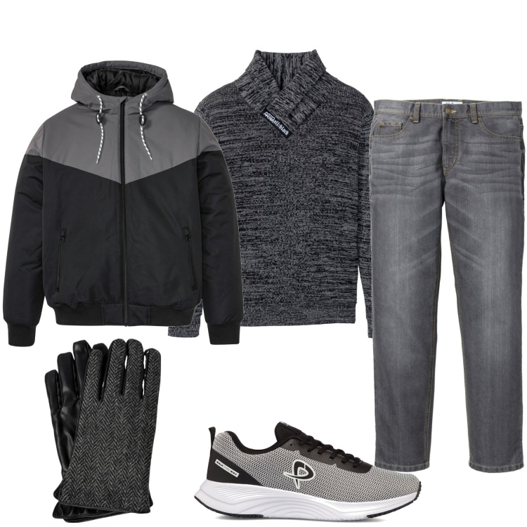 Outfit uomo - Giornate grigie. Stile Casual per Tutti i giorni. Abbinamento con jeans dritti, giacche, maglieria, sneakers, guanti.
