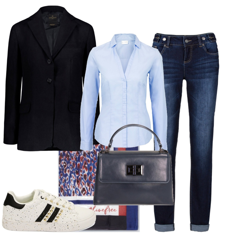 Outfit donna - In città. Stile Casual chic per Tutti i giorni. Abbinamento con camicie, jeans boyfriend, sneakers, borse a mano, blazer, sciarpe.