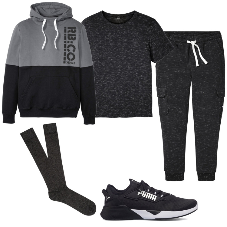 Outfit uomo - Sport post cenone. Stile Casual per Sport. Abbinamento con felpe con cappuccio, t-shirt, pantaloni cargo, sneakers, calzini.