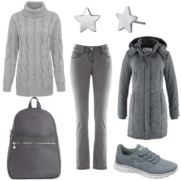Outfit donna - Sfumature. Stile Urban per Tutti i giorni. Abbinamento con jeans slim fit, maglieria, giacche, orecchini, sneakers, zaini.