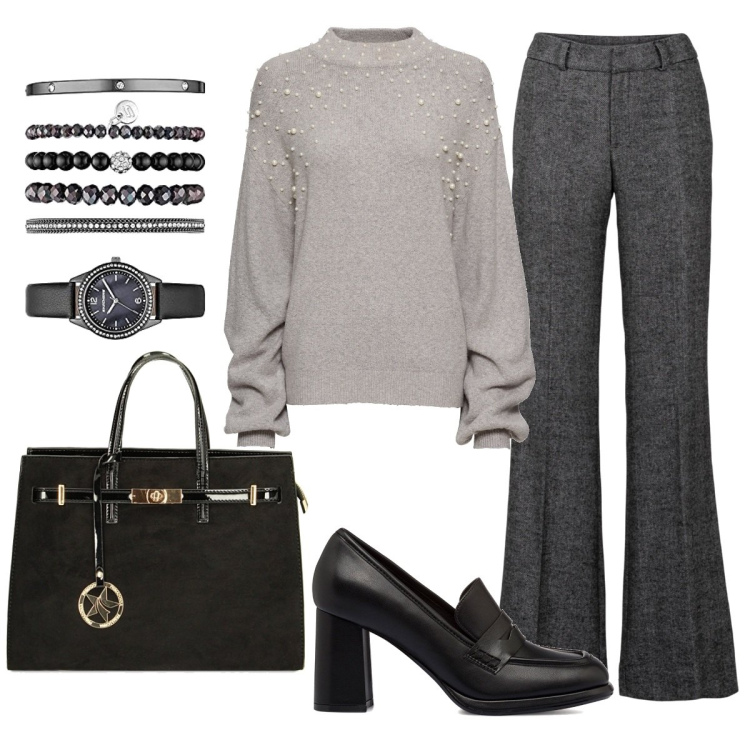 Outfit donna - Grigio & perle. Stile Casual chic per Tutti i giorni. Abbinamento con pantaloni a palazzo, maglieria, borse a mano, mocassini, orologi.