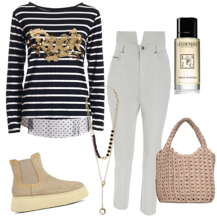 Outfit donna - Total look #1787914. Stile Casual per Tutti i giorni. Abbinamento con profumi, t-shirt, pantaloni, stivaletti, borse a mano, collane.