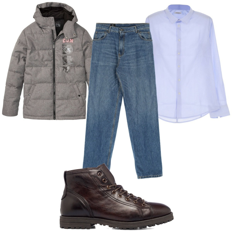 Outfit uomo - Total look #1787921. Stile Casual per Tutti i giorni. Abbinamento con giacche, camicie, jeans dritti, anfibi.