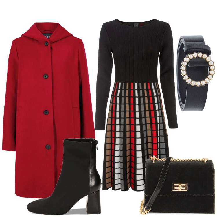 Outfit donna - Vestito in maglia confortevole. Stile Casual per Tutti i giorni. Abbinamento con vestiti, cappotti, cinture, borse a tracolla, stivaletti.