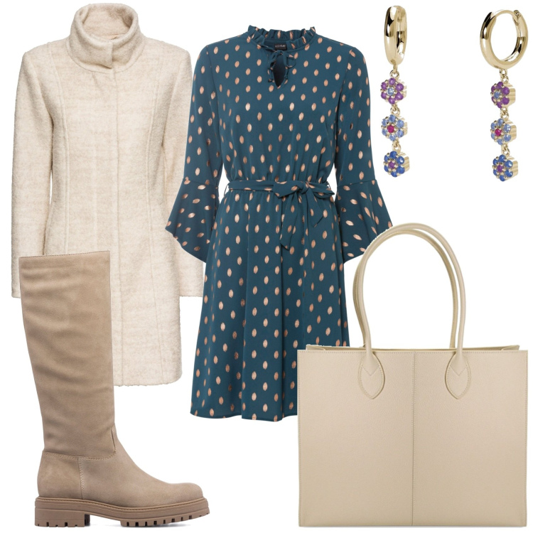 Outfit donna - In versione originale bon ton. Stile Bon Ton per Tutti i giorni. Abbinamento con cappotti, vestiti, orecchini, borse a spalla, stivali sopra il ginocchio.