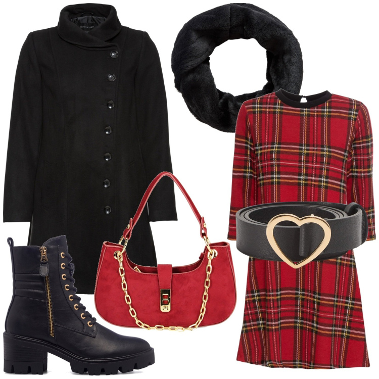 Outfit donna - Dicembre. Stile Preppy per Tutti i giorni. Abbinamento con vestiti corti, cappotti, cinture, foulard, borse a spalla, anfibi.