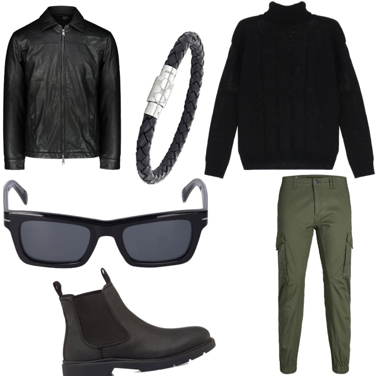 Outfit uomo - In moto. Stile Casual per Tutti i giorni. Abbinamento con maglieria, giacche, pantaloni cargo, stivali e stivaletti, occhiali da sole, braccialetti.