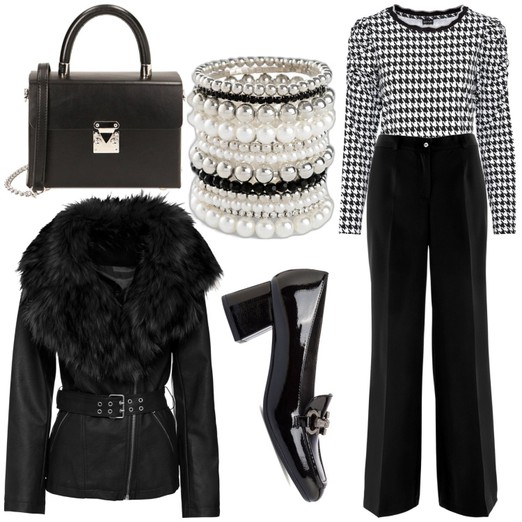 Outfit donna - Tacco comodo. Stile Casual chic per Tutti i giorni. Abbinamento con pantaloni, braccialetti, maglieria, blazer, borse a spalla, décolleté.