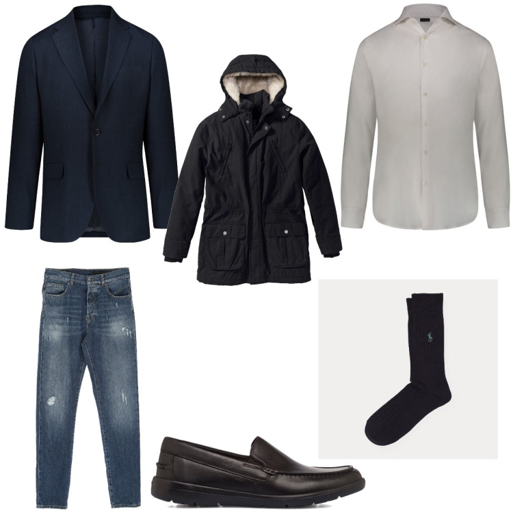 Outfit uomo - Serata tra amici. Stile Casual per Tutti i giorni. Abbinamento con parka, jeans dritti, calzini, scarpe stringate, abiti, camicie.