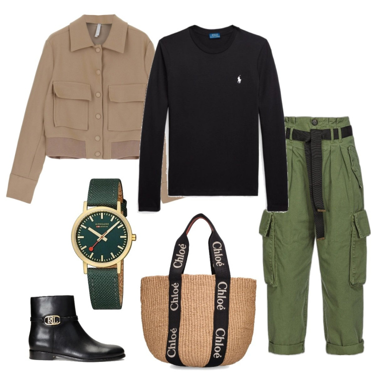 Outfit donna - Total look #1787955. Stile Urban per Tutti i giorni. Abbinamento con pantaloni cargo, cappotti, t-shirt, stivaletti, orologi analogici, shopping bag.
