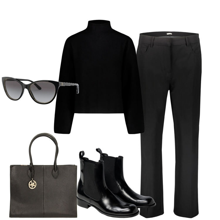 Outfit donna - In ufficio. Stile Basic per Tutti i giorni. Abbinamento con borse a spalla, occhiali da sole, pantaloni, maglieria, stivaletti chelsea.