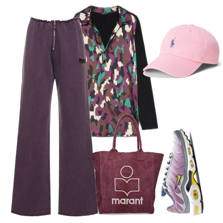 Outfit donna - Sporty. Stile Sporty chic per Tutti i giorni. Abbinamento con cappelli, sneakers, t-shirt, pantaloni, shopping bag.