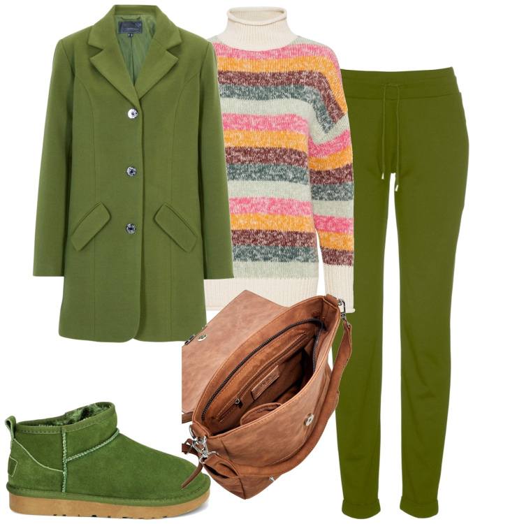 Outfit donna - Green. Stile Glamour per Tutti i giorni. Abbinamento con pantaloni, cappotti, zaini, maglieria, stivaletti.