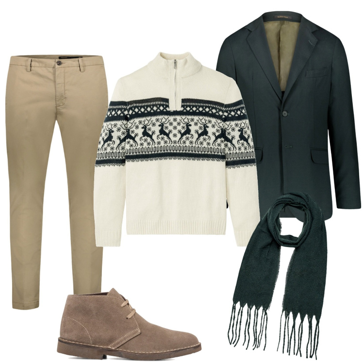 Outfit uomo - Holiday \'s mood. Stile Trendy per Tutti i giorni. Abbinamento con maglieria, stivali e stivaletti, giacche, pantaloni chino, sciarpe.