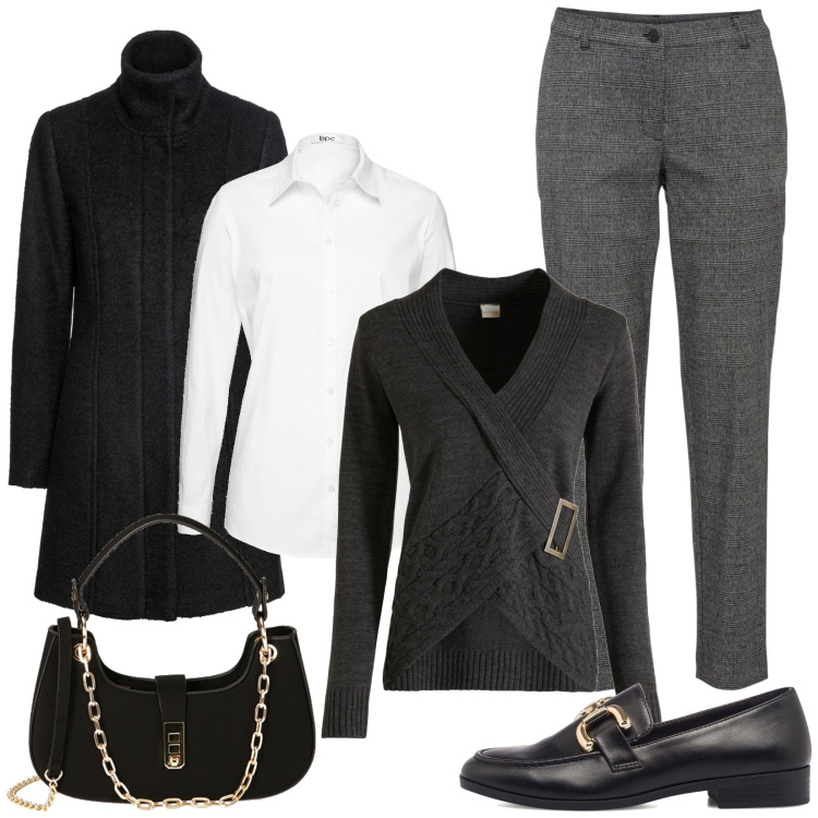 Outfit donna - Classic. Stile Bon Ton per Tutti i giorni. Abbinamento con pantaloni, camicie, pullovers, cappotti, borse a spalla, mocassini.