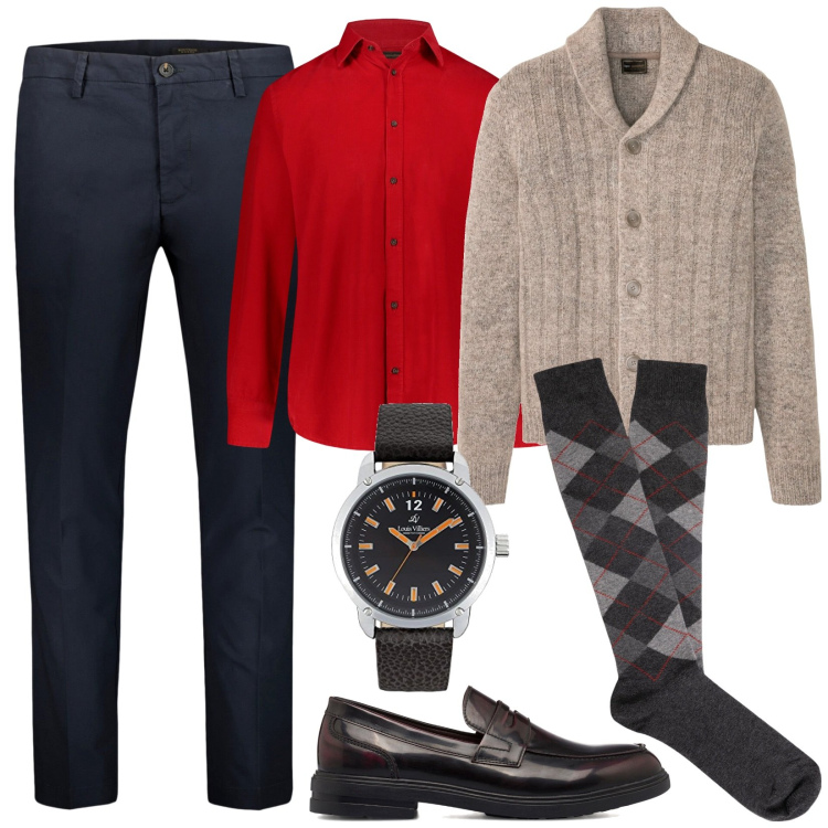 Outfit uomo - Capodanno con gli amici. Stile Urban per Serata speciale. Abbinamento con cardigans, scarpe stringate, camicie, orologi analogici, pantaloni, calzini.