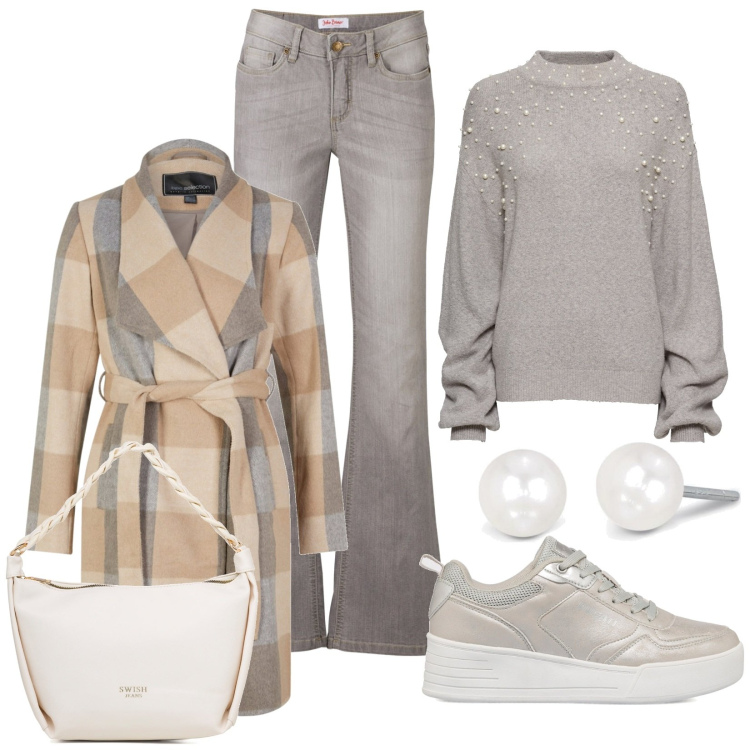 Outfit donna - Casual perlato. Stile Casual per Tutti i giorni. Abbinamento con jeans bootcut, maglieria, cappotti, orecchini, sneakers, borse a mano.