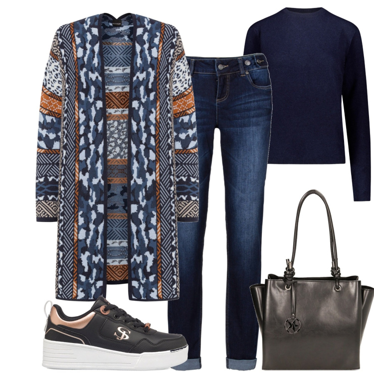 Outfit donna - Il cardigan fantasia. Stile Basic per Tutti i giorni. Abbinamento con jeans boyfriend, cardigans, borse a spalla, sneakers, maglieria.