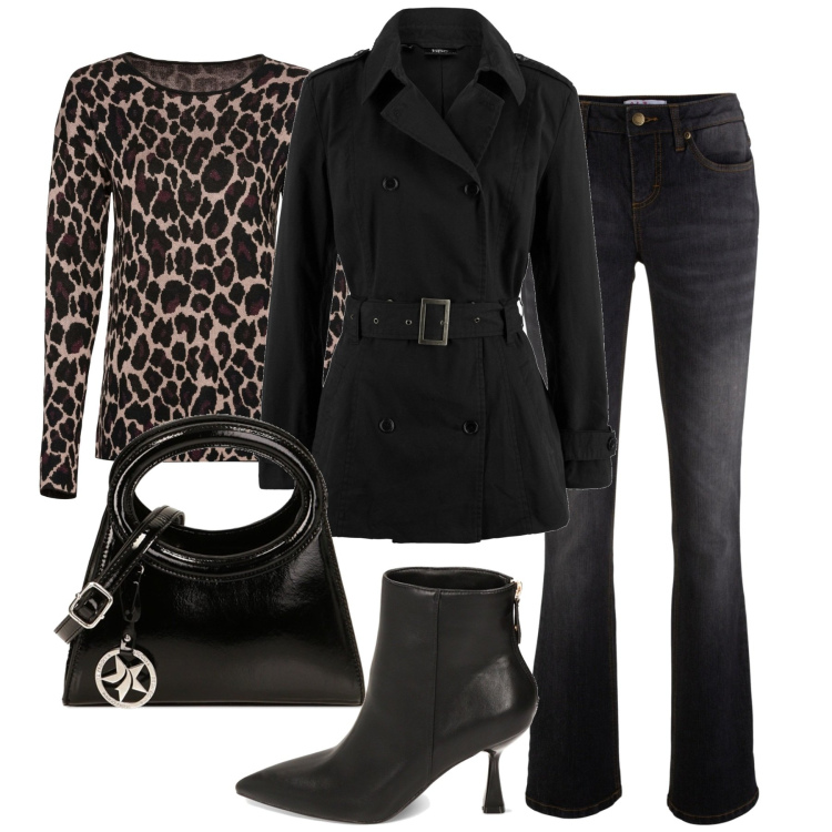Outfit donna - In città. Stile Casual chic per Tutti i giorni. Abbinamento con jeans bootcut, maglieria, trench, borse a spalla, stivaletti.