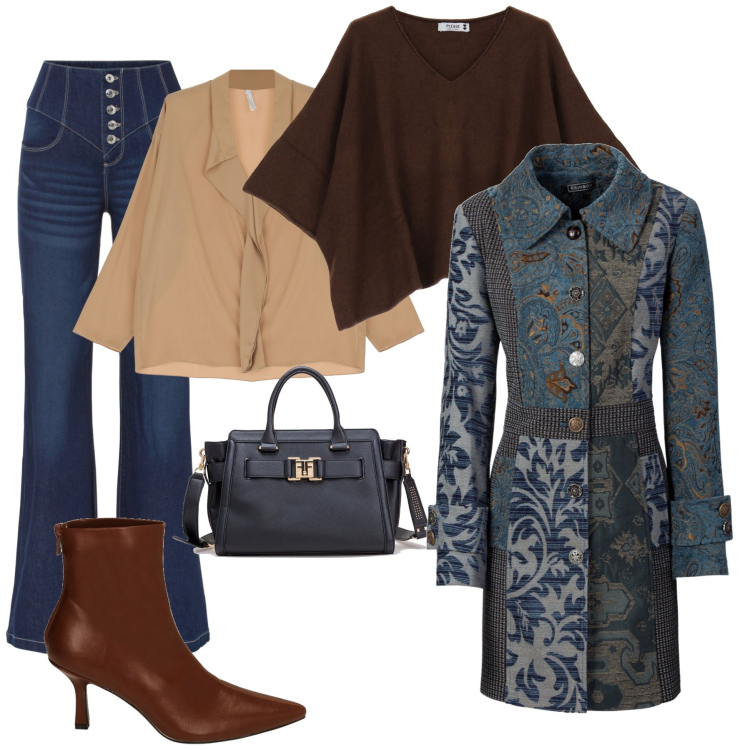 Outfit donna - Un cappotto originale. Stile Casual chic per Tutti i giorni. Abbinamento con cappotti, jeans a zampa, maglieria, borse tote, camicie, stivaletti.