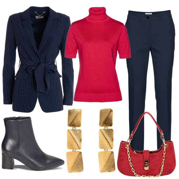 Outfit donna - Total look #1788003. Stile Basic per Ufficio. Abbinamento con pantaloni, maglieria, blazer, stivaletti, borse a spalla, orecchini.