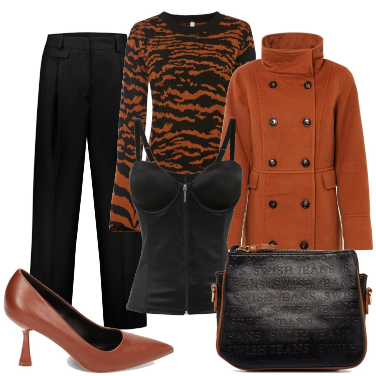 Outfit donna - Nero e mattone. Stile Urban per Ufficio. Abbinamento con cappotti, maglieria, body, décolleté, borse a tracolla, pantaloni.