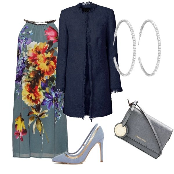 Outfit donna - Un autunno grigio. Stile Bon Ton per Tutti i giorni. Abbinamento con blazer, borsa a tracolla taglia unica grigio, vestito verde, scarpe a punta in denim, orecchini.