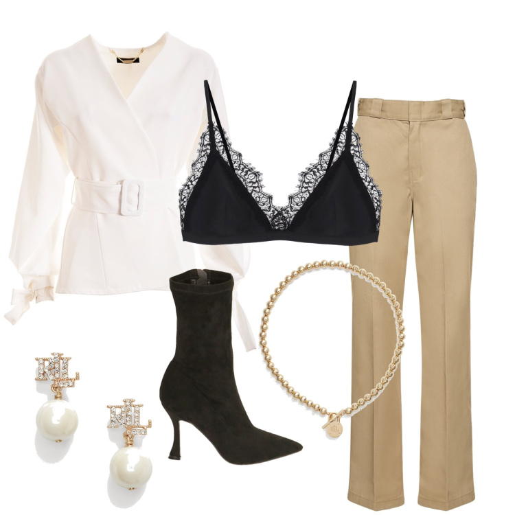 Outfit donna - Bello ma economico. Stile Casual chic per Serata fuori. Abbinamento con blazer, top, stivaletti, collane, orecchini, pantaloni.