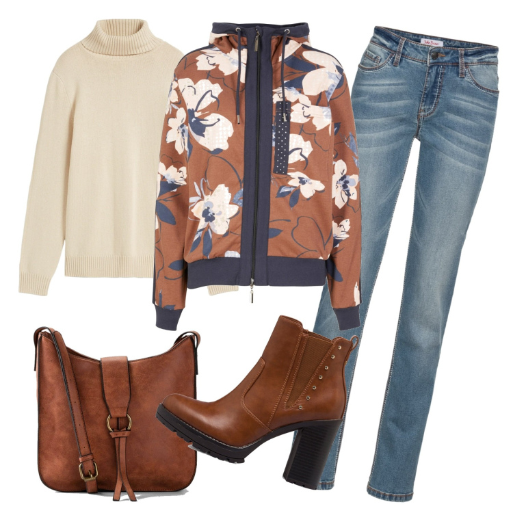 Outfit donna - In città. Stile Basic per Tutti i giorni. Abbinamento con borse a tracolla, felpe, jeans dritti, maglieria, stivaletti.