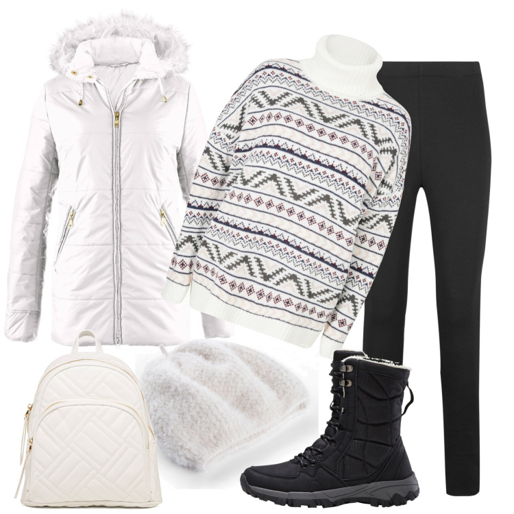 Outfit donna - In montagna. Stile Casual chic per Tutti i giorni. Abbinamento con leggings, giacche, maglieria, stivaletti, cappelli e berretti, zaini.