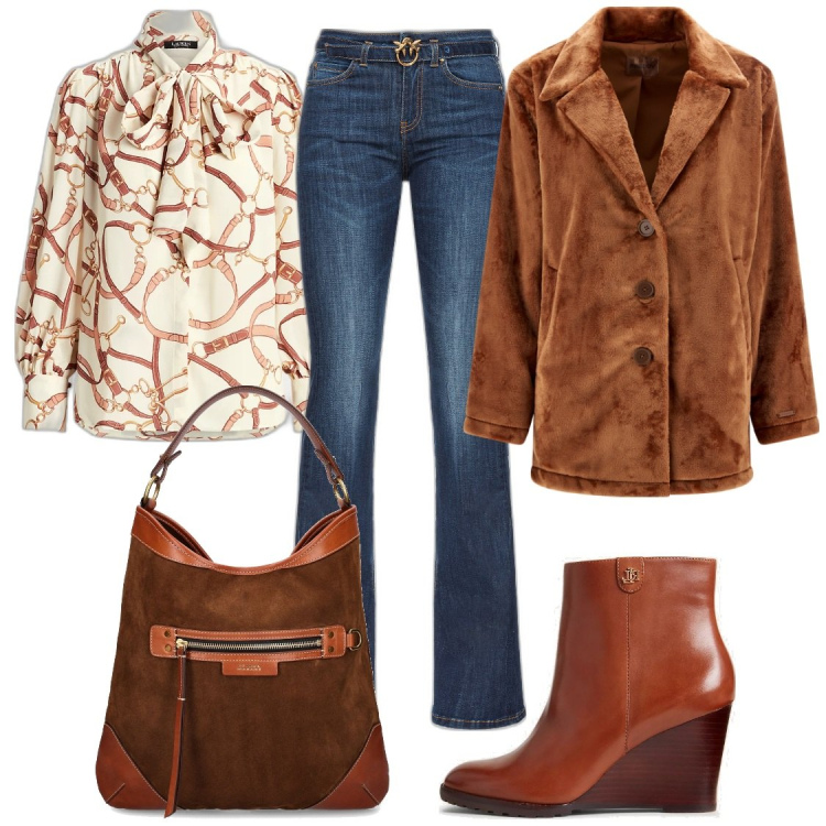 Outfit donna - Glamour in jeans. Stile Glamour per Ufficio. Abbinamento con jeans, cappotti, camicie, stivaletti, borse a spalla.