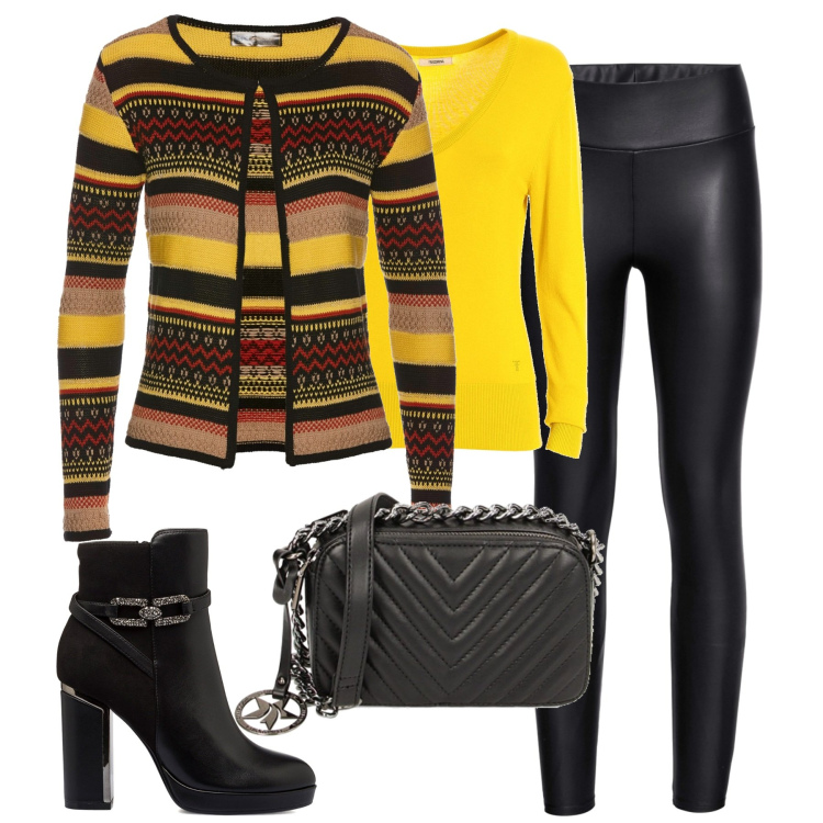 Outfit donna - Colorata. Stile Basic per Tutti i giorni. Abbinamento con leggings, cardigans, maglieria, borse a tracolla, stivaletti.